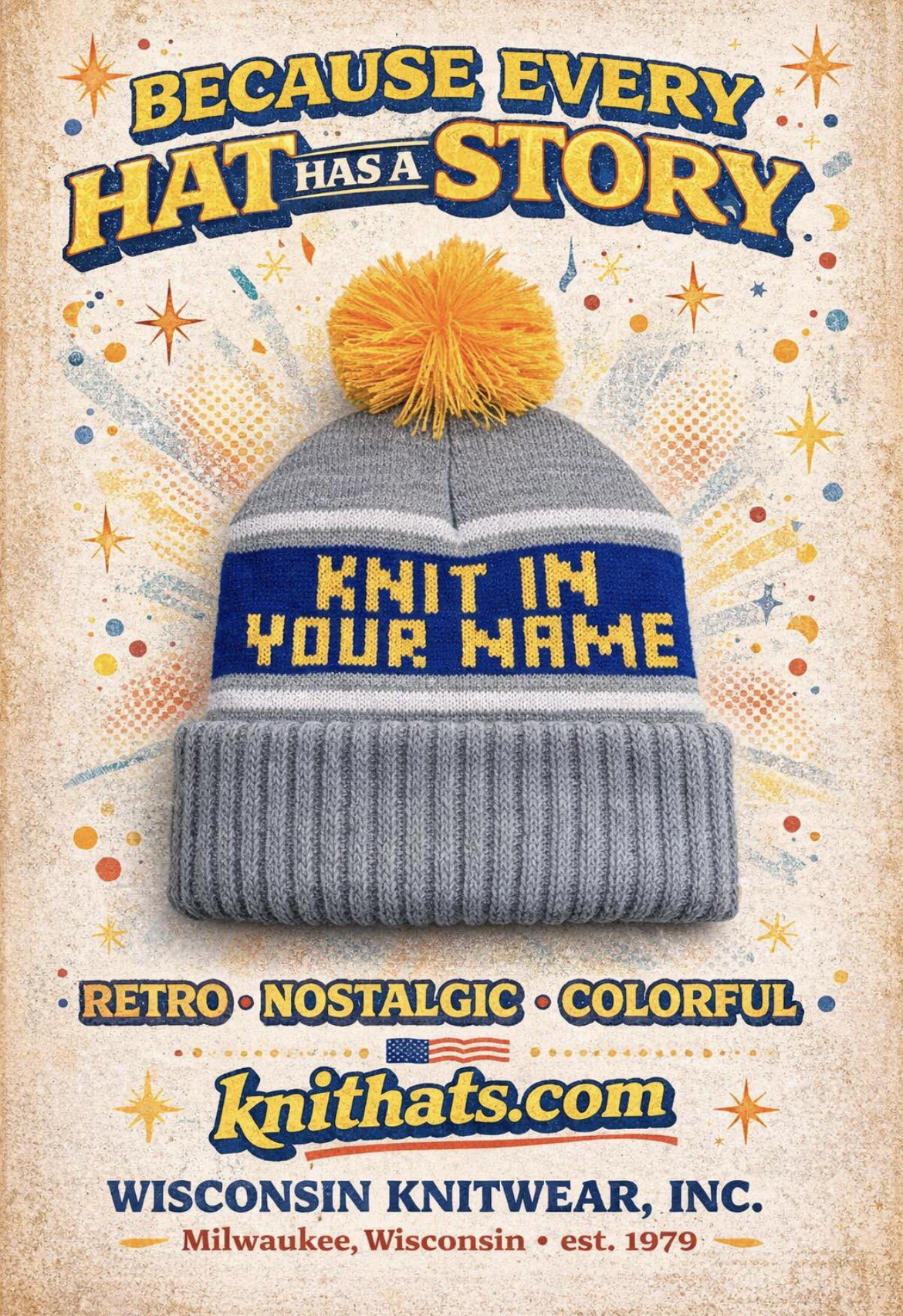 Custom knit pom hats and stocking caps with your name knit in, bold old-school look for teams and clubs